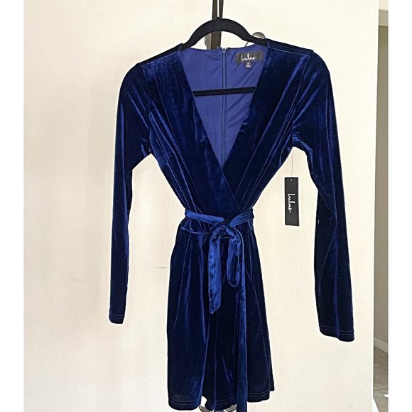 Romantic Moves Navy Blue Velvet Long Sleeve Romper - Picture 1 of 4